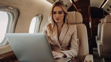 A beautiful young woman is sitting in a private jet and working on her laptop. She is wearing a beige suit and has her hair in a bun. The jet is flying high above the clouds.