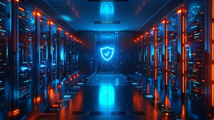 Blue and red glowing futuristic server room with a shield icon at the end of the hall.