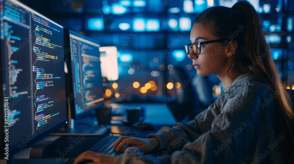 Poster late at night in the office: portrait of stylish freelancer woman on desktop computer. non-binary pe