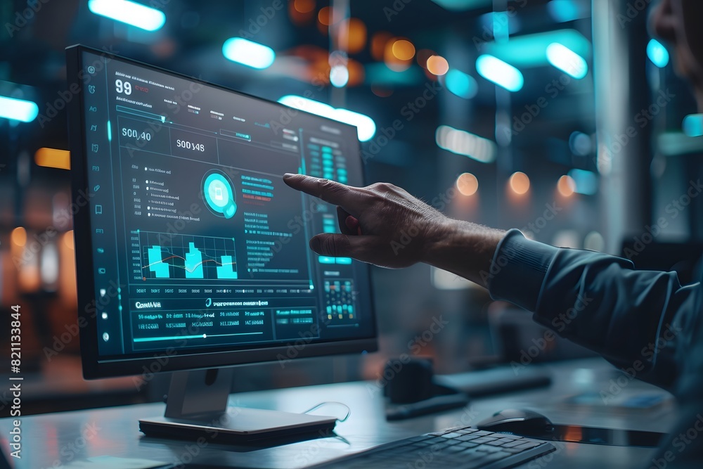 Poster a man pointing at a computer screen with a green screen