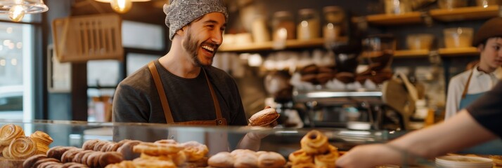 Friendly male baker in casual attire offering fresh pastry to a patron in a rustic bakery shop