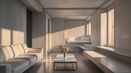 Modern style living room with  a large, comfortable sofa in soft gray tones.