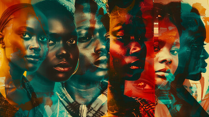 Obraz premium Artistic portraits of empowered black women with vibrant, overlapping colors.