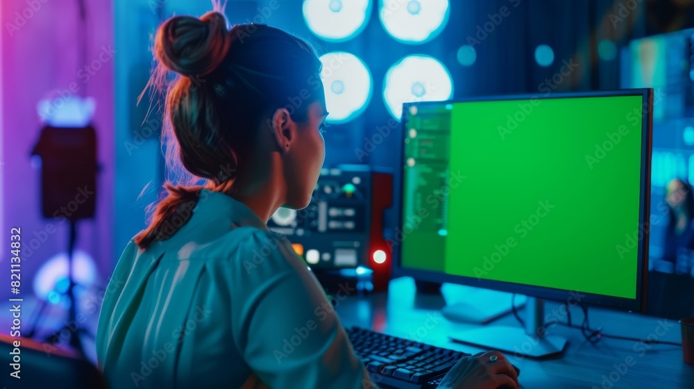 Poster a close-up shot of a businesswoman working on a desktop computer with a green screen mock-up that is