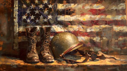 Memorial Day Honor: Helmet and Boots with American Flag Backdrop