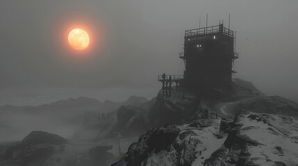 A lone watchtower overlooking a misty mountain range at sunset, side view, symbolizing vigilance and solitude, scifi tone, black and white