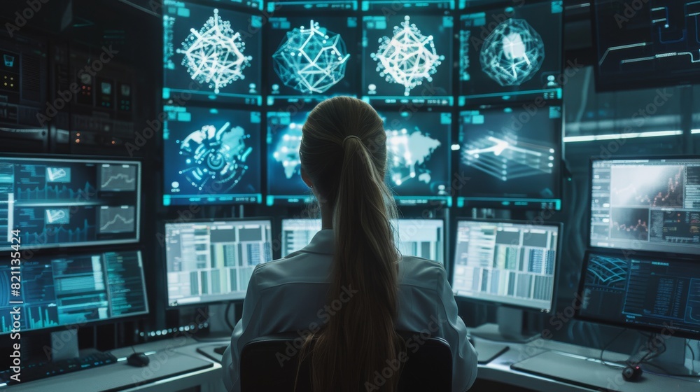 Poster an it technician works on big data mining, artificial intelligence projects at her workstation with 
