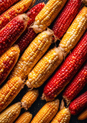 Close-Up of Vibrant Red and Yellow Corn Cobs, Colorful Fresh Corn, Harvested Maize, Organic Produce, Farm Fresh Corn, Sweetcorn Variety, Detailed Corn Kernels, Autumn Harvest, Natural Food