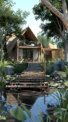 Naklejka premium Sustainable Eco-Lodge: A Tranquil and Responsible Architectural Getaway in a Natural Woodland Setting