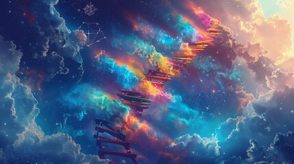 Obraz premium Surreal Figure Climbing Pencil Ladder to Sky with Academic Clouds