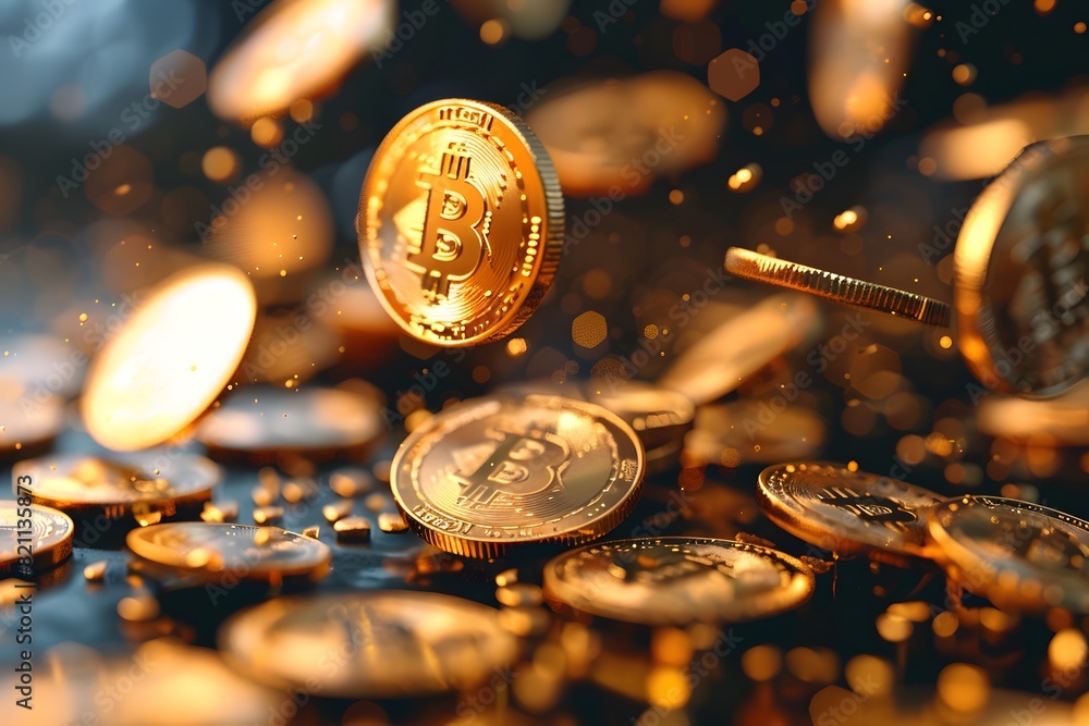 Poster a close up of a pile of coins with a bit coin falling off of it