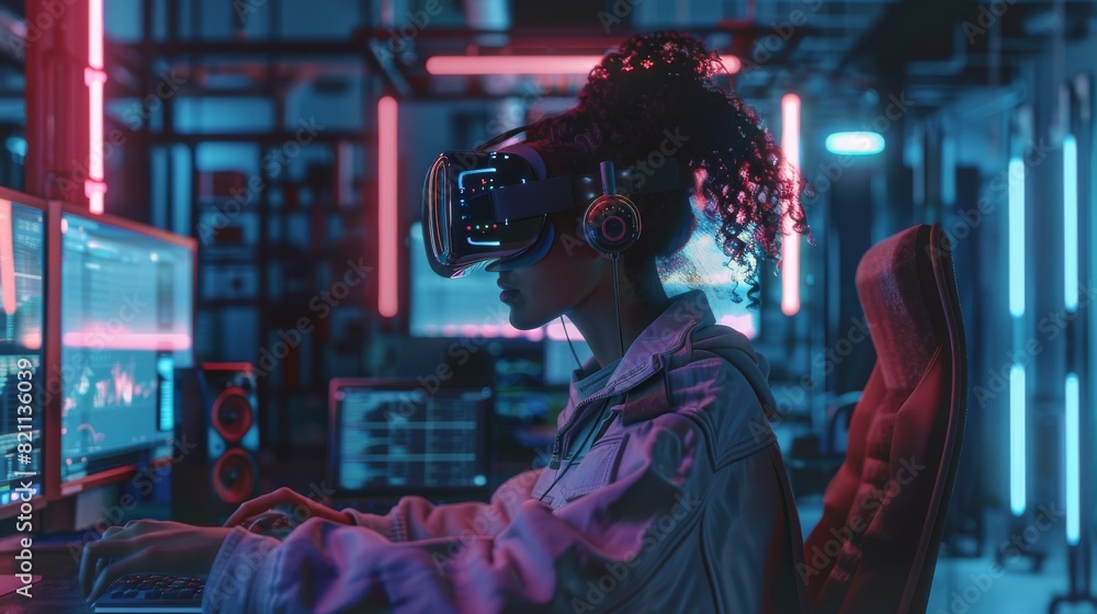 Poster a virtual reality headset and controllers are used by a female designer for an nft project to create