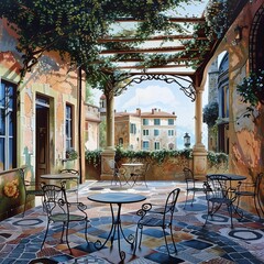 Obraz premium Beautiful outdoor cafe with wrought iron furniture, shaded by greenery, offering a picturesque view of charming buildings and streets.