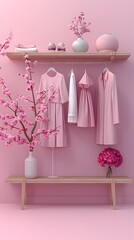 A pink room featuring a wooden bench against a pink wall
