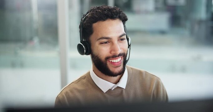Call center, customer care and happy businessman in office consulting for crm, faq or b2b, networking and loan help. Inbound marketing, telemarketing or lead generation consultant with virtual guide