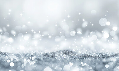 Glowing winter silver bokeh lights background, glitter shiny sparkle soft light circles on blur aesthetic wallpaper, celebrate posters, glamour magazine, carnival, dreamy banners, Christmas cards