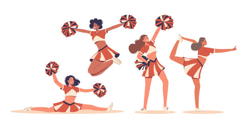 Four Dynamic Female Cheerleaders In Action During Sporting Event Displaying Athletic Poses Such As Jumps, Splits, Kicks