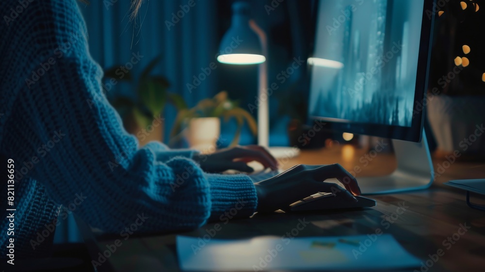 Poster the creative designer in a blue sweater uses the mouse and types on a keyboard while seated at a tab