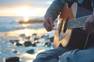 Woman playing guitar at the sunset on the beach, with the sea background.