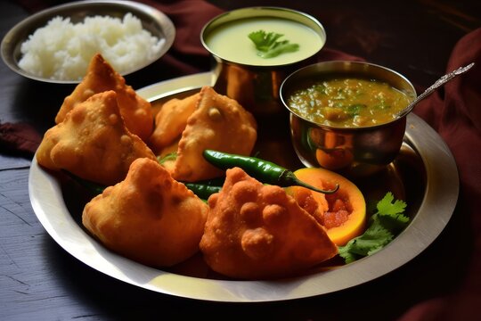 A white plate filled with fried Bengali singara alongside a bowl of steaming soup, ready to be enjoyed. Generative AI