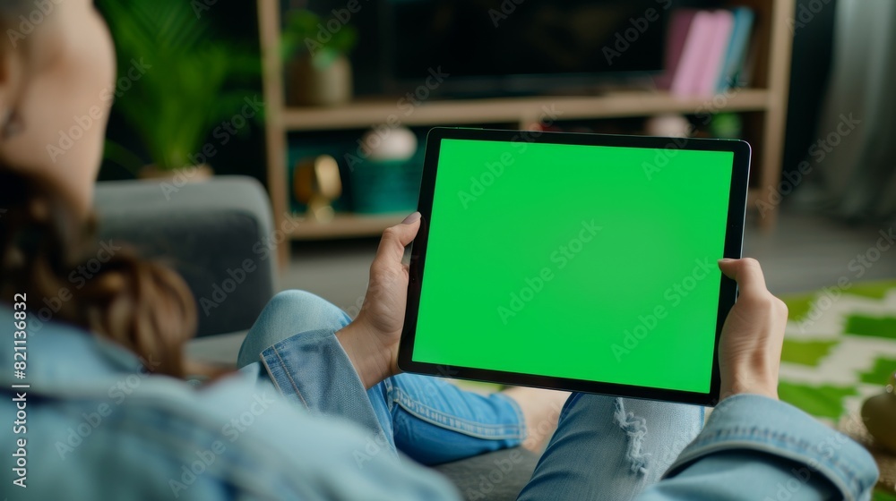 Poster close up photo of a woman scrolling through a feed on her tablet with a green screen mock up display