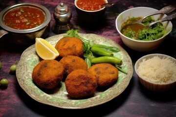 A plate of Bengali style Alor Chop food placed on a table alongside bowls of sauces. Generative AI