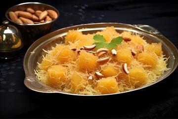 A bengali sweet dish semai served on a plate with a variety of nuts and sliced oranges. Generative AI