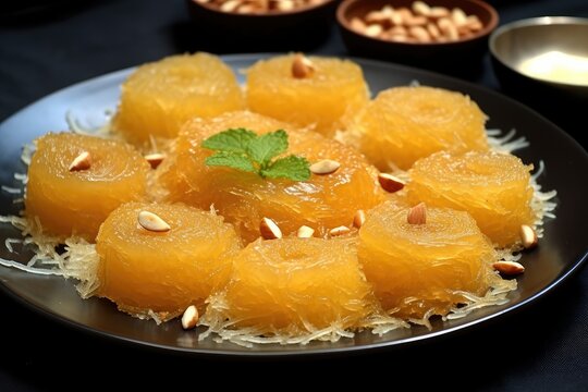 A plate of traditional Bengali sweet dish semai resting on a wooden table. Generative AI