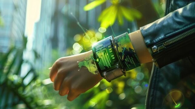 Wearable device showcasing real-time carbon footprint, promoting personal responsibility and environmental awareness. Carbon footprint reduction technology