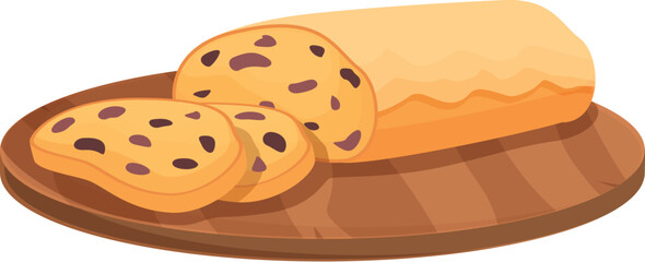 Cartoon illustration of a loaf of bread with sliced pieces on a wood cutting board