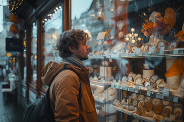 Fototapeta premium A frustrated shopper staring at high prices in a luxury store window, questioning the value of material possessions.Man is in front of a shop window, looking at the display case
