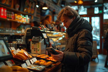 A person using a mobile payment app to make a contactless purchase, showcasing the convenience of digital transactions.A man is using his mobile phone while inside a bakery shop - Powered by Adobe