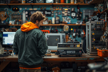 A pop-up repair cafe where people can bring broken items to be fixed instead of discarded, promoting a culture of repair and reuse.In a workshop, a man wearing a green jacket