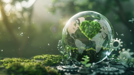 Transparent globe, green energy core and gears, representing the fusion of technology and sustainability for carbon reduction. Carbon footprint reduction technology