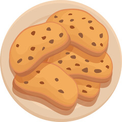 Cartoon vector illustration of delicious chocolate chip cookies arranged neatly on a plate