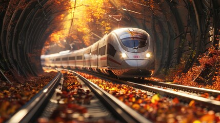 Sleek train entering a leaf vortex, representing the move towards high-efficiency, low-carbon public transit systems. Carbon footprint reduction technology