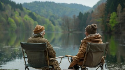 Senior Couple Enjoying Serene Lake View from Camping Chairs. Generative ai