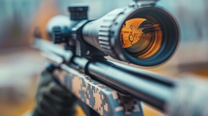 A rifle with a scope is on display