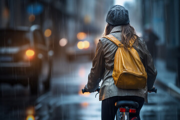 Fototapeta premium A beautiful young adult of Latinformal woman riding her bicycle to work, a backside portrait of a woman commuting on a bicycle on a rainy day in an urban street at mid-day