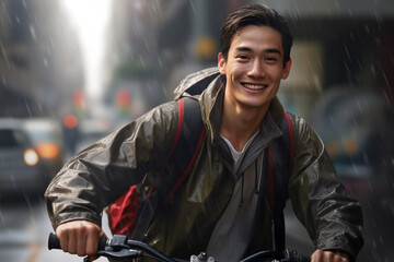 A beautiful young adult of Asianformal man riding his bicycle to work, a frontside portrait of a guy commuting on a bicycle on a rainy day in an urban street at mid-day