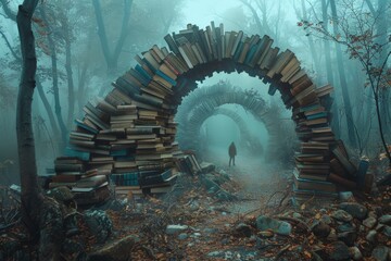 Surreal Stone Arches of Books Leading into Luminous Forest

