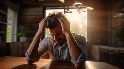 A tired and frustrated young adult and South-African business man is standing in front of his wooden office desk with his hands in her hair with backlighting