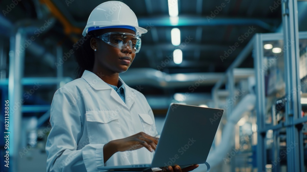 Poster engineer in a hard hat standing and holding a laptop computer at an electronics manufacturing facili