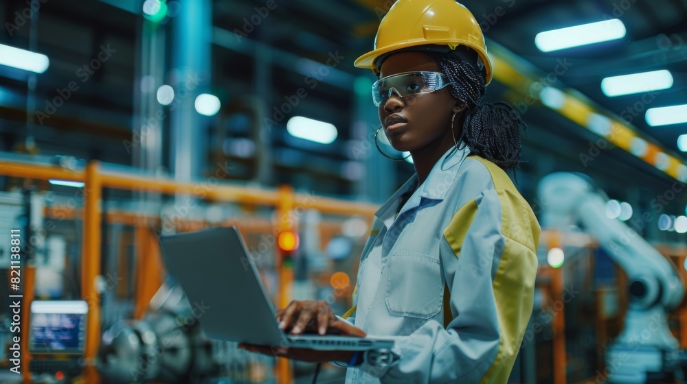 Poster a black female engineer, wearing a hard hat, uses a laptop computer while working in an electronics 