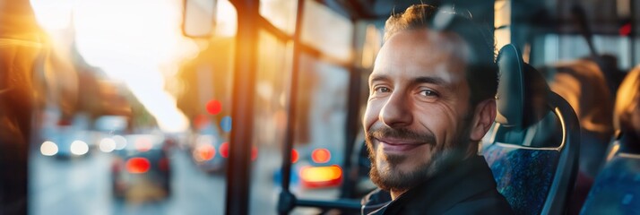 Happy man with a stubble smiles while looking out of a bus window with city reflections during commute