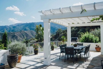 Fototapeta premium Minimalist Patio with Pergola, Black Dining Set, and Mountain Background