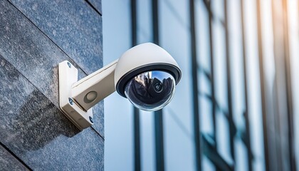 close-up of a security camera on the wall of a modern business bulding on the street, copy space