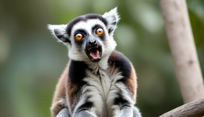 Naklejka premium A Lemur With Its Eyes Wide Open Watching Carefull Upscaled 4