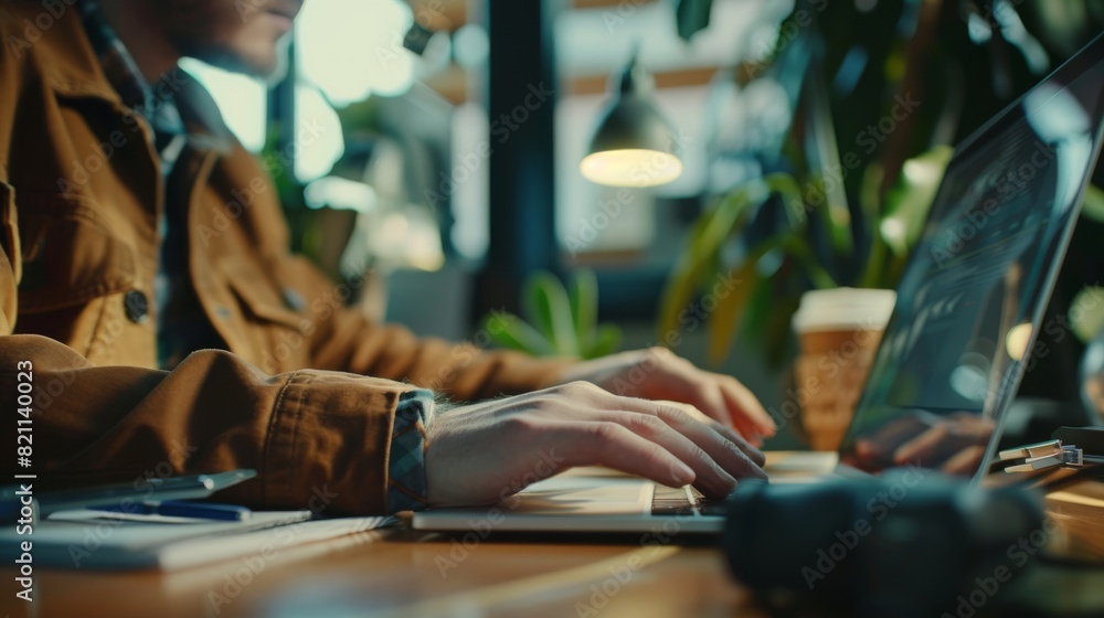 Poster in a marketing agency, a young man in a jacket is using a laptop computer at a desk. the employee is