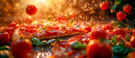 A pizza with pepperoni and tomatoes, motions, visual and culinary delight